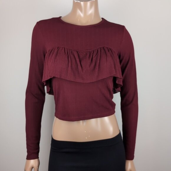 3/$20 Zara W&B Collection Maroon Long Sleeve Crop Top Tiered Ruffle Flounce Fall - Picture 11 of 11